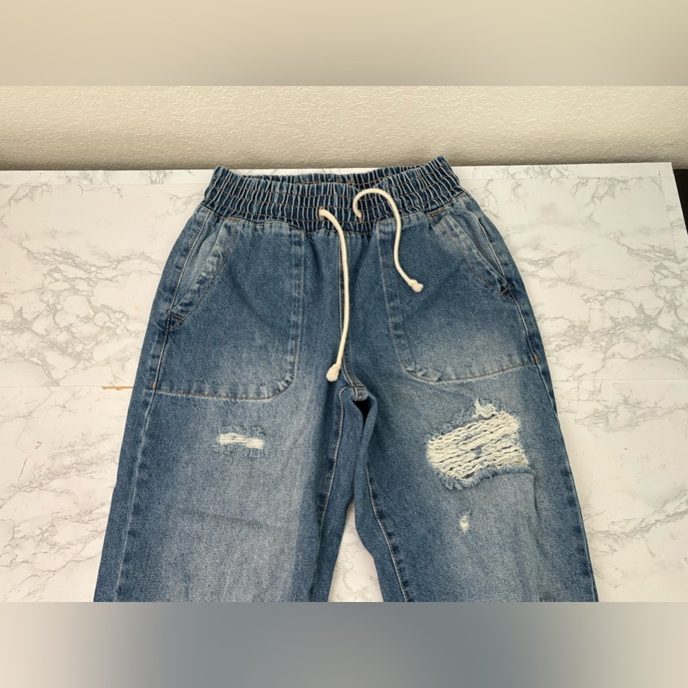 Celebrity Pink Jogger Jeans Womens S Blue Denim Distressed Elastic Waist - Picture 2 of 6